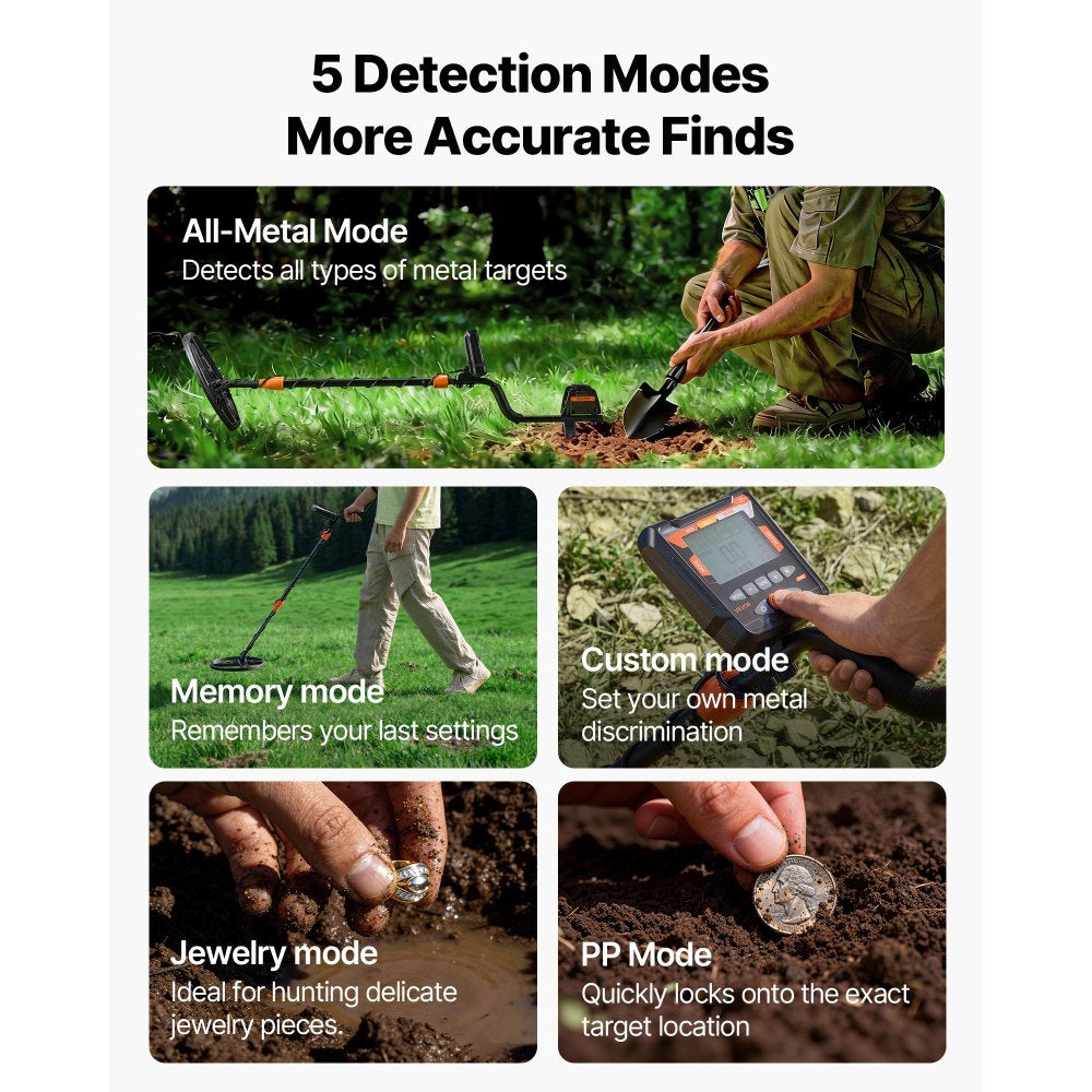 VEVOR Metal Detector for Adults, 10", Professional High Accuracy Gold Detector, IP68 Waterproof Search Coil with Display, Headphones, 5 Modes, Adjustable Length, for Detecting Gold Treasure Hunting