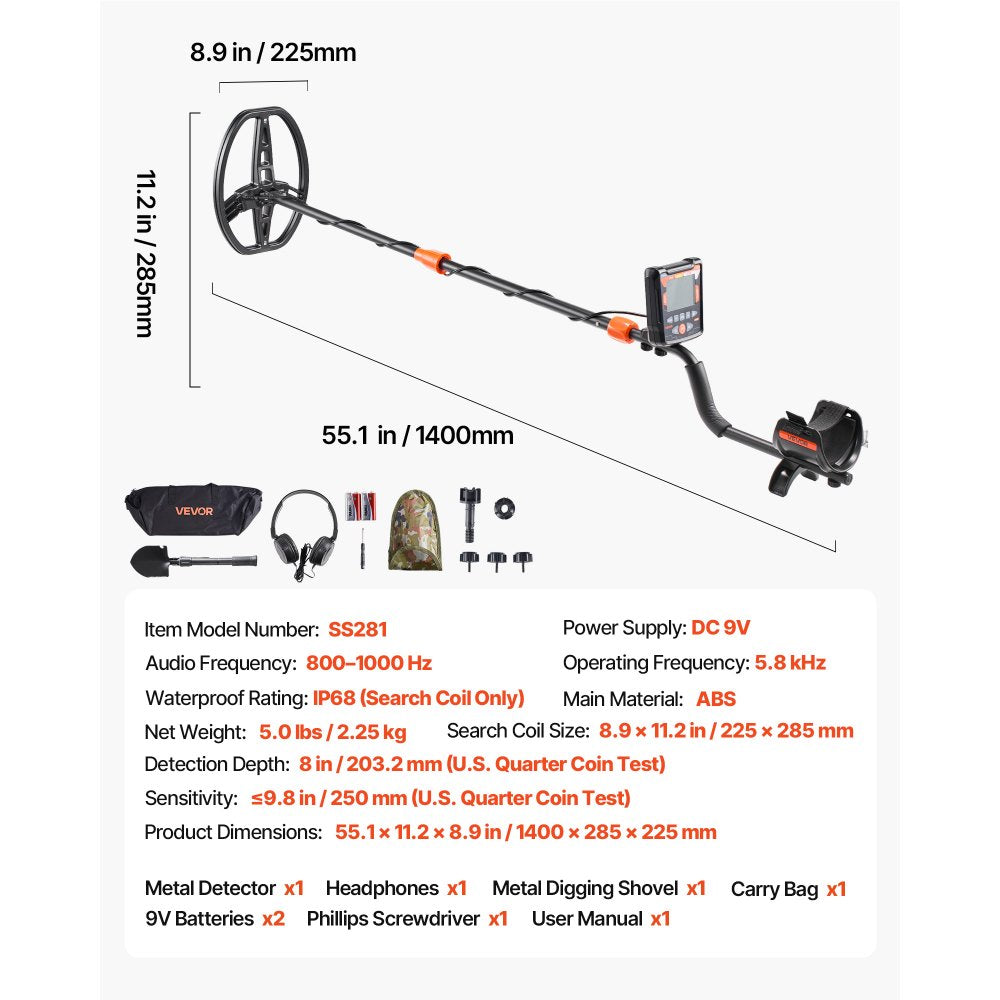 VEVOR Metal Detector for Adults, 10", Professional High Accuracy Gold Detector, IP68 Waterproof Search Coil with Display, Headphones, 5 Modes, Adjustable Length, for Detecting Gold Treasure Hunting