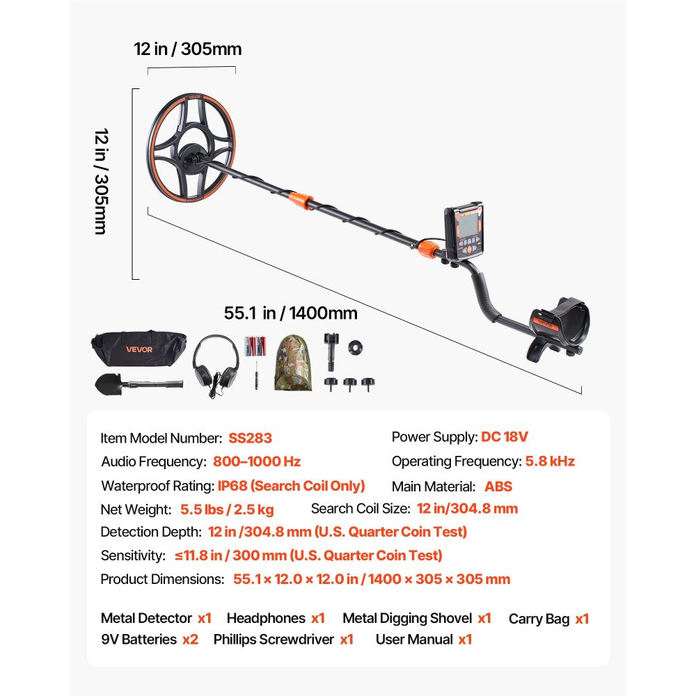 VEVOR Metal Detector for Adults, 12", Professional High Accuracy Gold Detector, IP68 Waterproof Search Coil with Display, Headphones, 6 Modes, Adjustable Length, for Detecting Gold Treasure Hunting