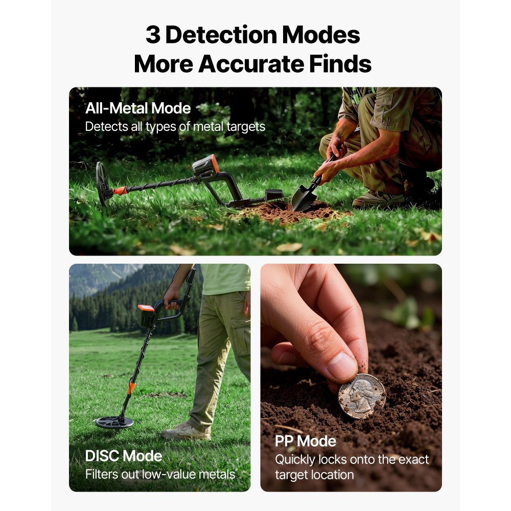 VEVOR Metal Detector for Adults, 8", Professional High Accuracy Gold Detector, IP68 Waterproof Search Coil with Display, Headphones, 3 Modes, Adjustable Length, for Detecting Gold Treasure Hunting