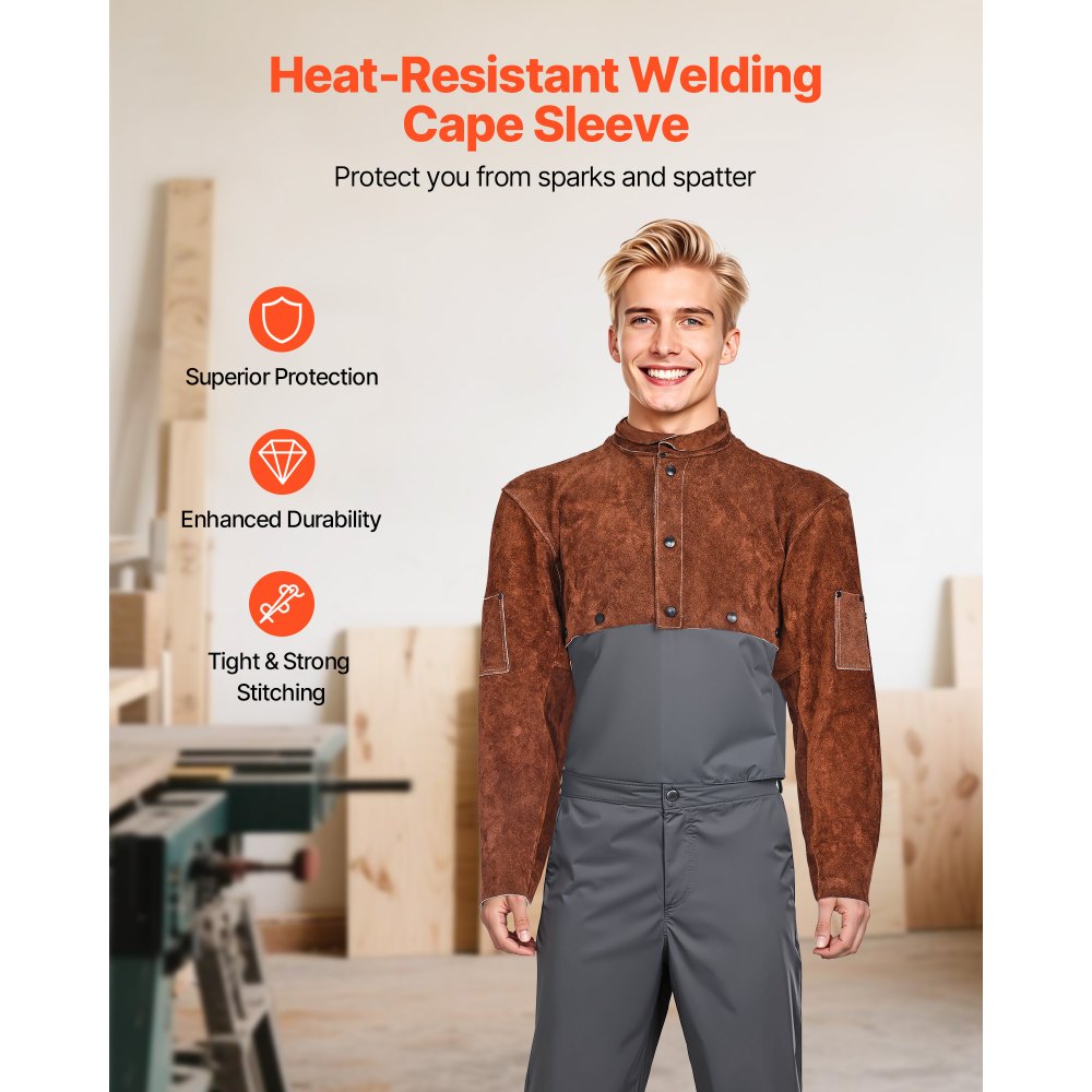 VEVOR Leather Welding Cape Sleeve, Heavy Duty Flame Resistant Cowhide Safety Cape Sleeves for Men Women, Heat-Resistant for Welding, Blacksmithing, Woodworking, Gardening, L-Size