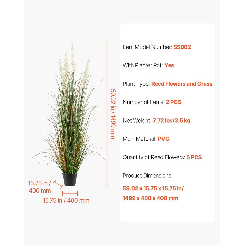 VEVOR Artificial Grass Plant, 2 Pack 59 inch Faux Reed Flower Grass in Pot, Premium PVC Fake Greenery Shrubs Plant for Indoor Outdoor House Home Garden Office Room Décor, Housewarming, Green