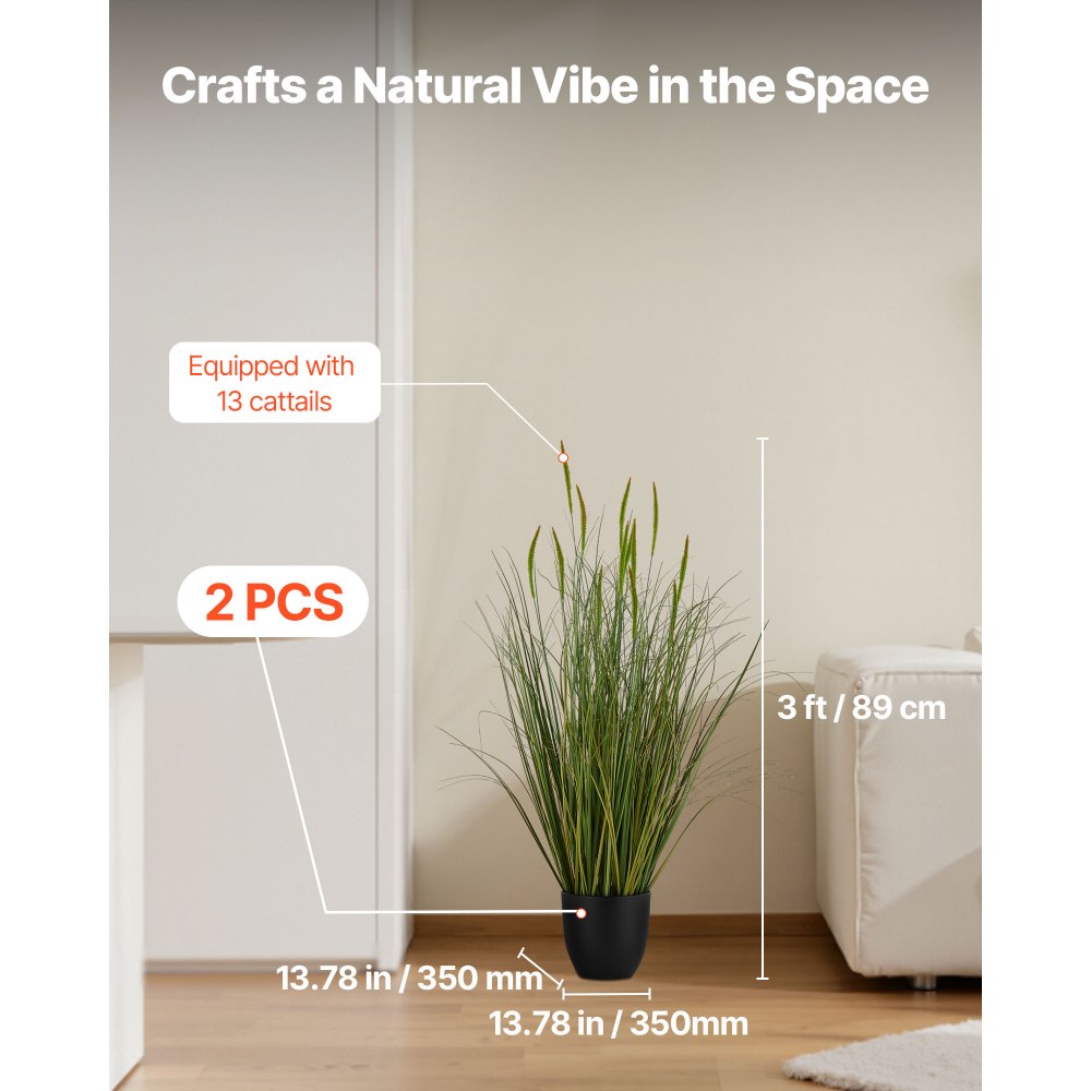 VEVOR Artificial Grass Plant, 2 Pack 35 inch Cattail Grass in Pot, Premium PVC Faux Fake Greenery Shrubs Plant for Indoor Outdoor House Home Garden Office Room Décor, Housewarming, Green