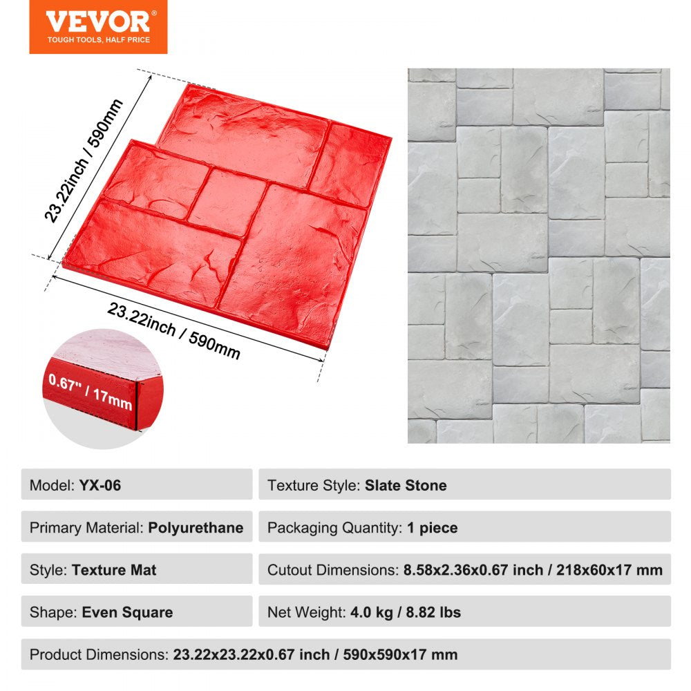 VEVOR Concrete Stamps Mat, 24 x 24 in, Concrete Texturing Skin Polyurethane Stamp Stone Tile Texture Mat, Slate floor Imprint Seamless Stamp Concrete Molds for Outdoor Decorative, Red