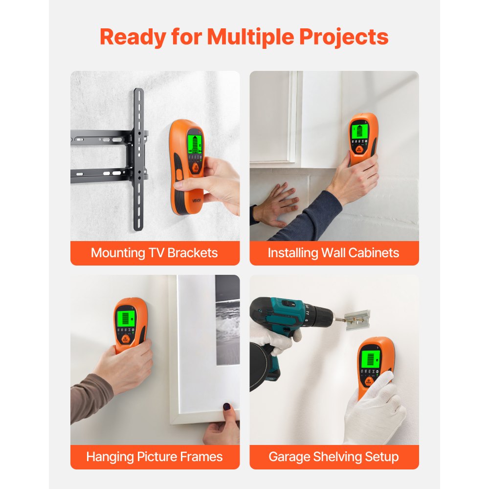 VEVOR Stud Finder Wall Scanner, 5 in 1, Electronic Wall Stud Detector with Smart Sensor, High-Definition LCD Display and Audio Alarm, for the Center and Edge of Metal, AC Wire, Joists, Pipes, Orange