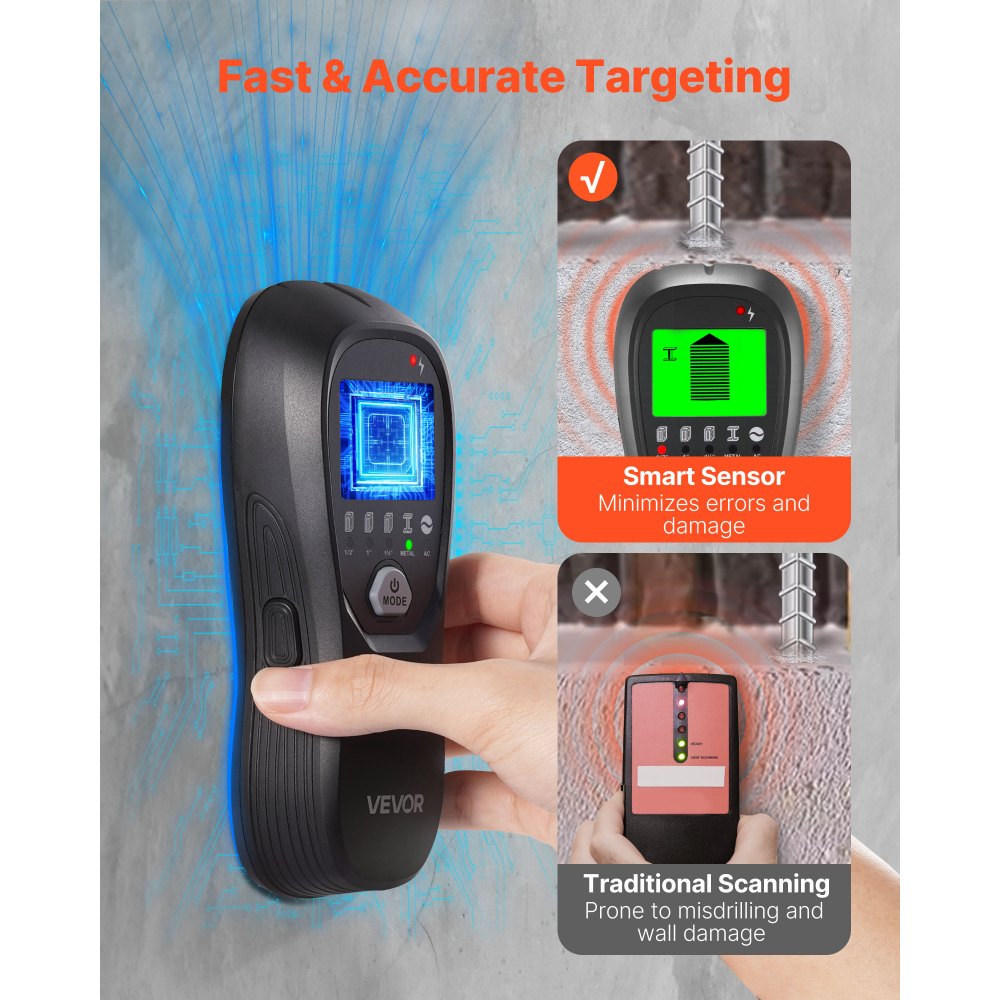 VEVOR Stud Finder Wall Scanner, 5 in 1, Electronic Wall Stud Detector with Smart Sensor, High-Definition LCD Display and Audio Alarm, for the Center and Edge of Metal, AC Wire, Joists, Pipes, Black