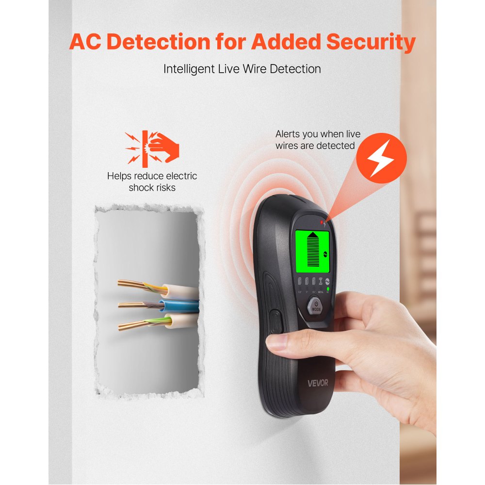 VEVOR Stud Finder Wall Scanner, 5 in 1, Electronic Wall Stud Detector with Smart Sensor, High-Definition LCD Display and Audio Alarm, for the Center and Edge of Metal, AC Wire, Joists, Pipes, Black