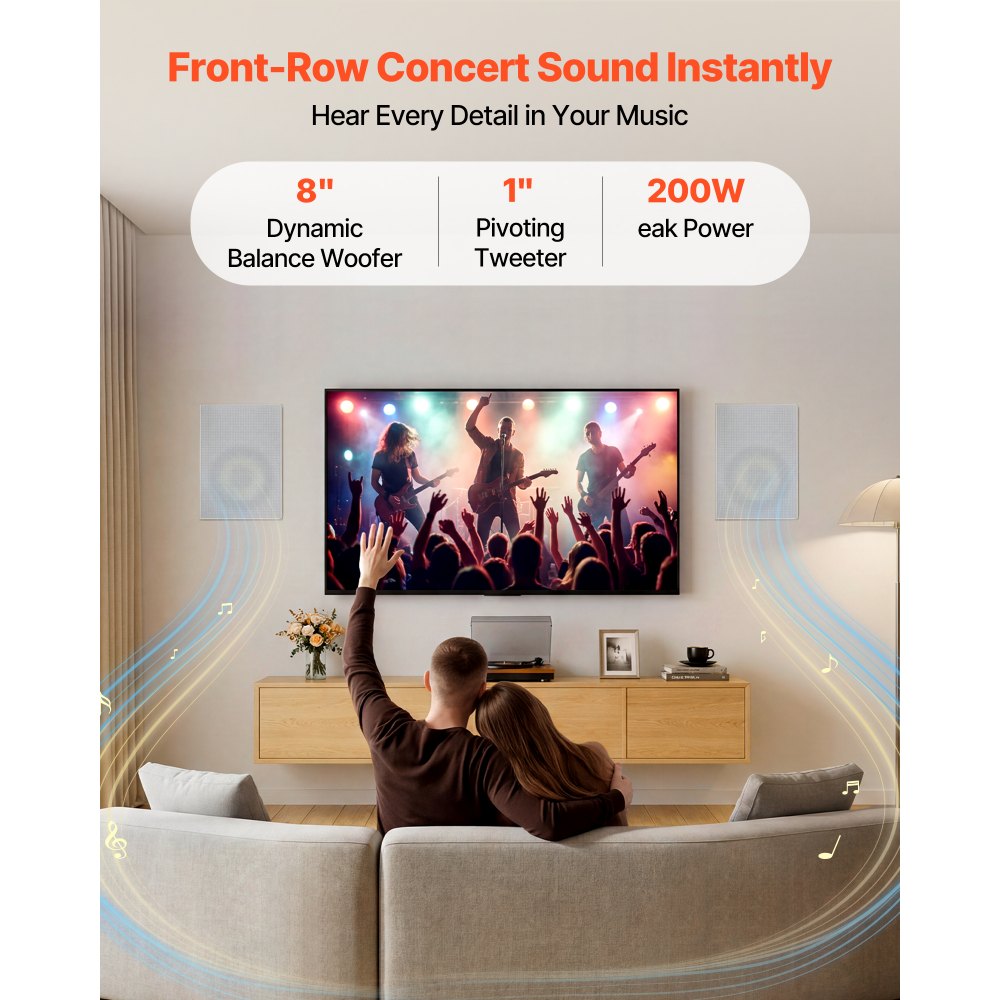 VEVOR In-Wall Speakers, 8", In Wall Speaker System with Paintable Grille, Hi-Fi Sound, 200W Peak, 2-Way Rectangular Speakers, for Damp Humid Indoor Placement, Bath, Kitchen, Covered Porches, 1 Pair