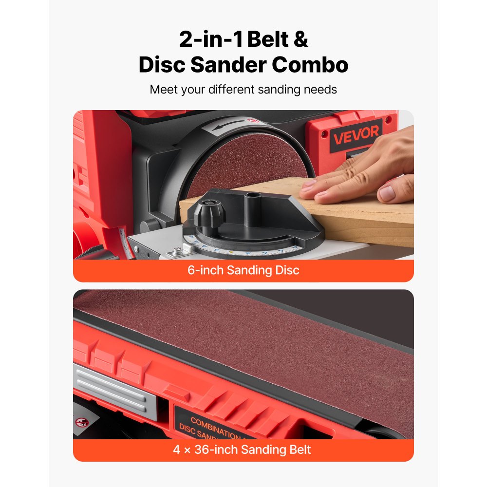 VEVOR 6" Disc Sander & 4" x 36" Belt Sander, 400W Professional Belt Disc Sanders Combo with 0 - 45° Adjustable Worktable & Dust Collection Port for Woodworking, Knife Sharpening, DIY Crafting