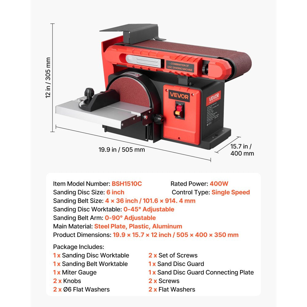 VEVOR 6" Disc Sander & 4" x 36" Belt Sander, 400W Professional Belt Disc Sanders Combo with 0 - 45° Adjustable Worktable & Dust Collection Port for Woodworking, Knife Sharpening, DIY Crafting