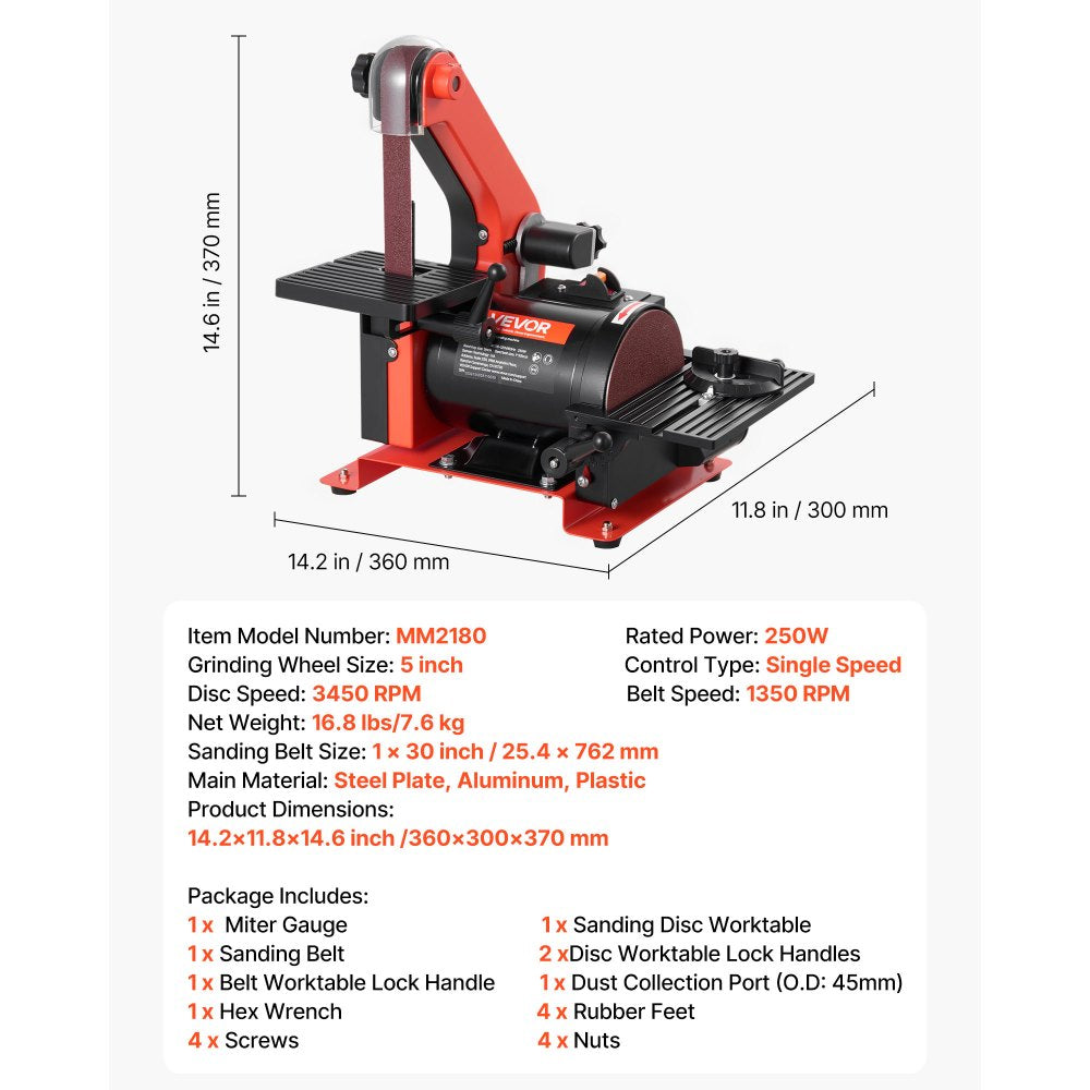VEVOR 5" Disc Sander & 1" x 30" Belt Sander, 250W Benchtop Belt Disc Sanders Combo with 0 - 45° Adjustable Worktable & Dust Collection Ports for Woodworking, Furniture Refinishing, DIY Crafting