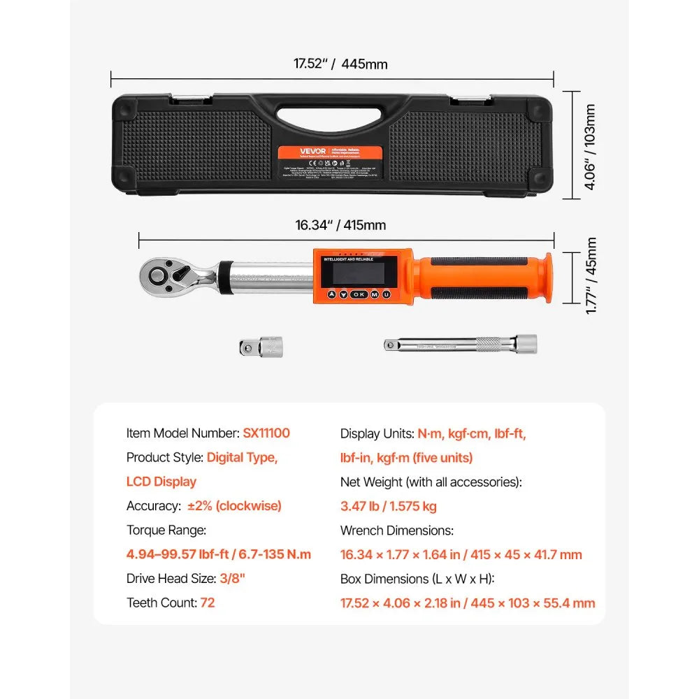VEVOR Digital Torque Wrench, 3/8 Inch Drive, 0-99.57 lbf-ft / 0-135 N.m, 72-Tooth, ±2% High Accuracy Electronic Torque Wrench with Preset Value, Buzzer and LED Notification, for Automotive Motorcycle