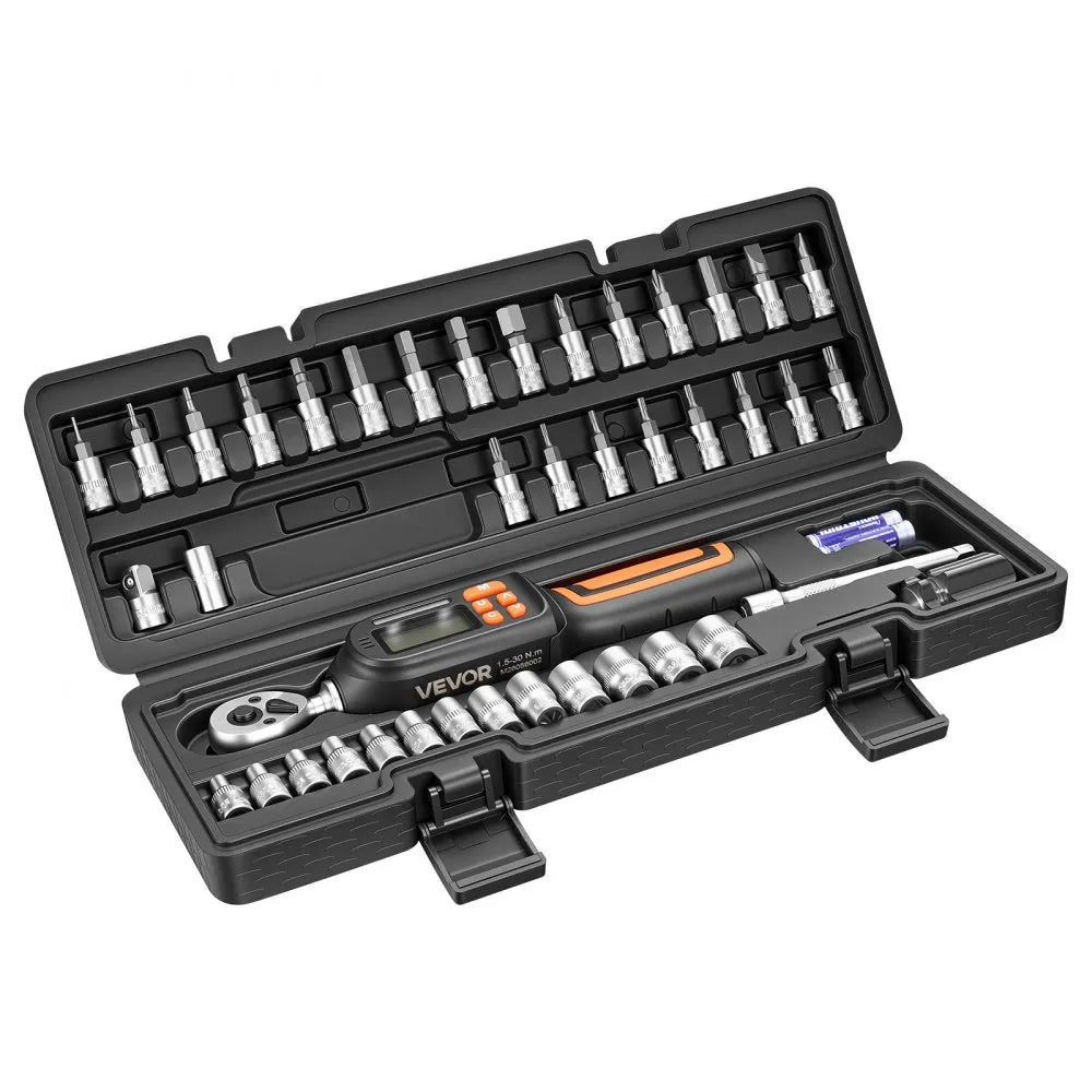 VEVOR Torque Wrench Set 1/4" Drive 42-Piece Digital Torque Wrench 4 Units, ±2% Accuracy, LCD Screen, with Buzzer and LED Indicator, with Sockets, Bits, Extension Bar, Adapter, for Automotive Repair