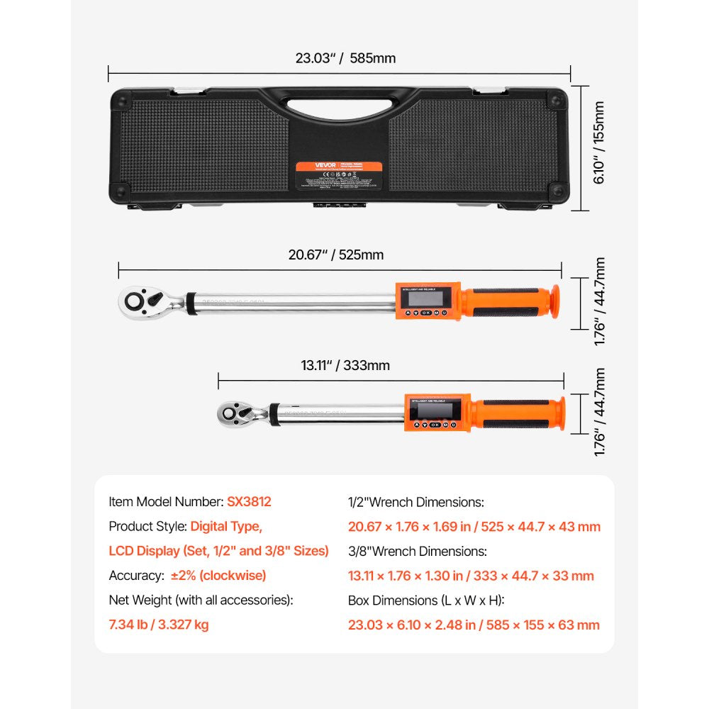 VEVOR Digital Torque Wrench Set, 2 Pieces, 1/2, 3/8 Inch Drive, 72-Tooth, ±2% High Accuracy Electronic Torque Wrench with Preset Value, Buzzer and LED Notification, for Automotive Motorcycle