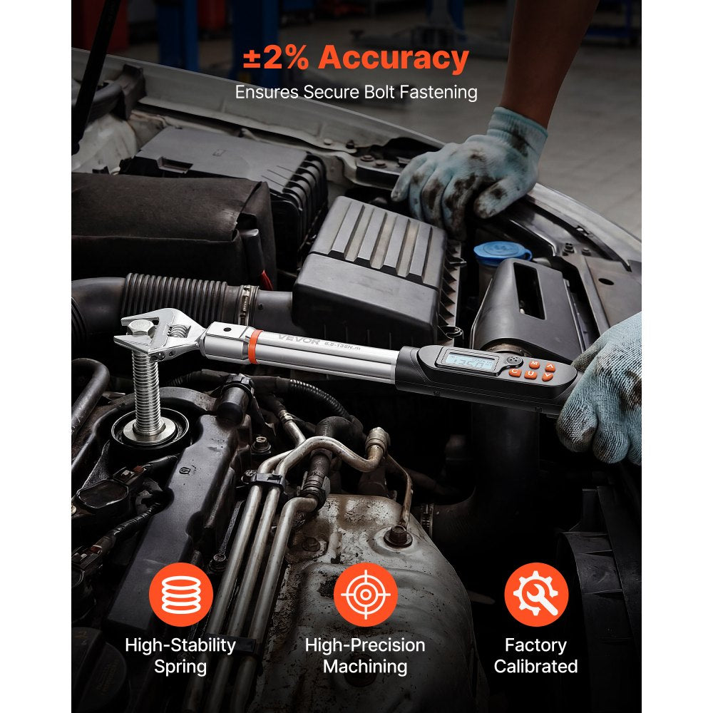 VEVOR Torque Wrench 0-1.5 in Adjustable Jaw Opening Digital Torque Wrench, Open-End Jaw, 4 Display Units, ±2% Accuracy, LCD Screen, with Buzzer and LED Indicator, for Pipe and Automotive Repair