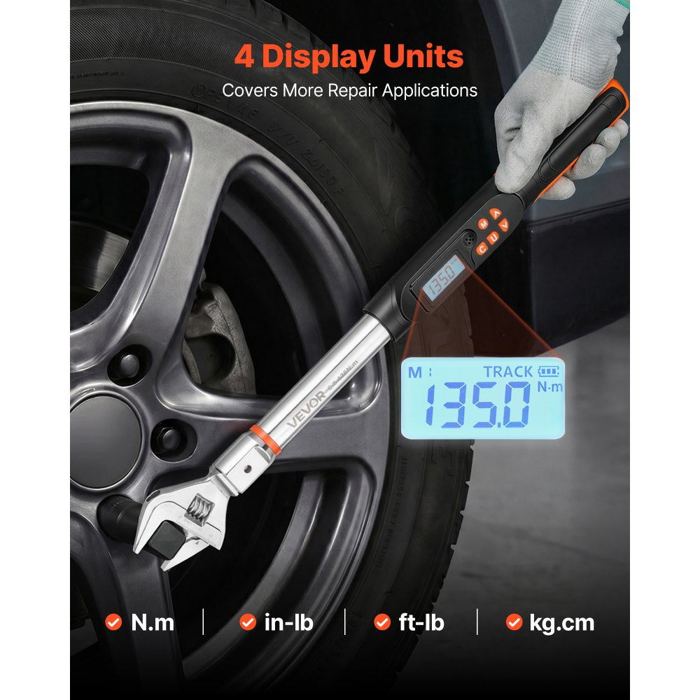 VEVOR Torque Wrench 0-1.5 in Adjustable Jaw Opening Digital Torque Wrench, Open-End Jaw, 4 Display Units, ±2% Accuracy, LCD Screen, with Buzzer and LED Indicator, for Pipe and Automotive Repair
