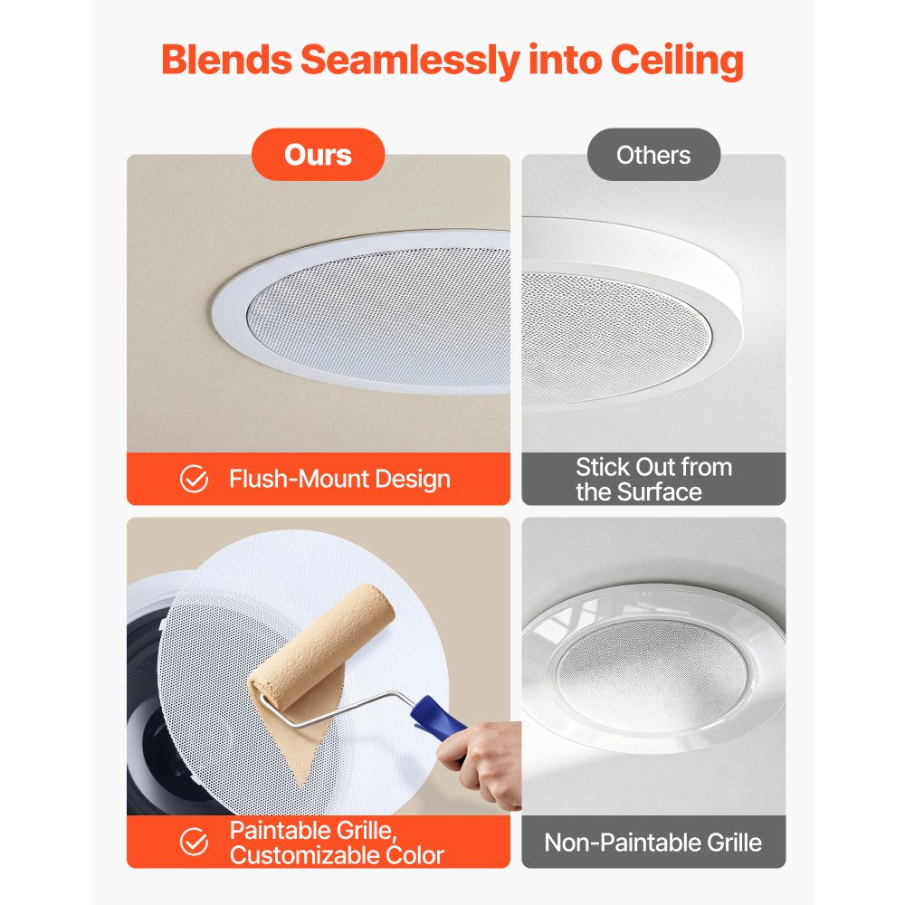 VEVOR Bluetooth Ceiling Speakers, 8", In Ceiling & In-Wall Speaker System with Amplifier, 2-Way Flush Mount Speakers, for Damp Humid Placement, Home Theater, Living Room, or Covered Patio, 1 Pair