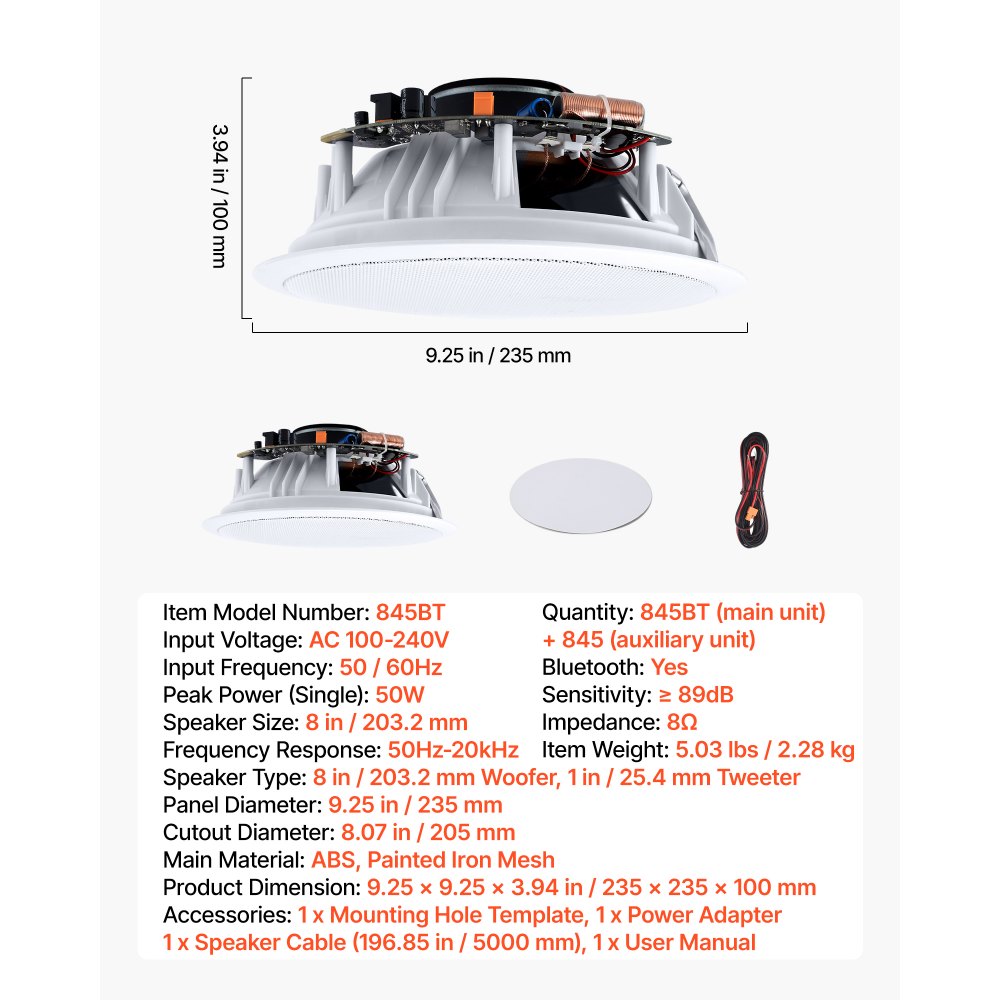 VEVOR Bluetooth Ceiling Speakers, 8", In Ceiling & In-Wall Speaker System with Amplifier, 2-Way Flush Mount Speakers, for Damp Humid Placement, Home Theater, Living Room, or Covered Patio, 1 Pair