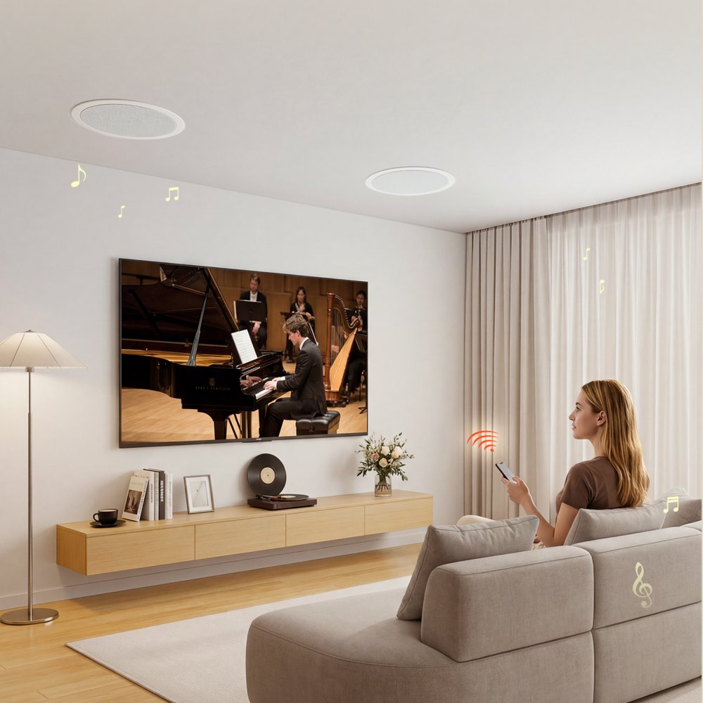VEVOR Bluetooth Ceiling Speakers, 8", In Ceiling & In-Wall Speaker System with Amplifier, 2-Way Flush Mount Speakers, for Damp Humid Placement, Home Theater, Living Room, or Covered Patio, 1 Pair