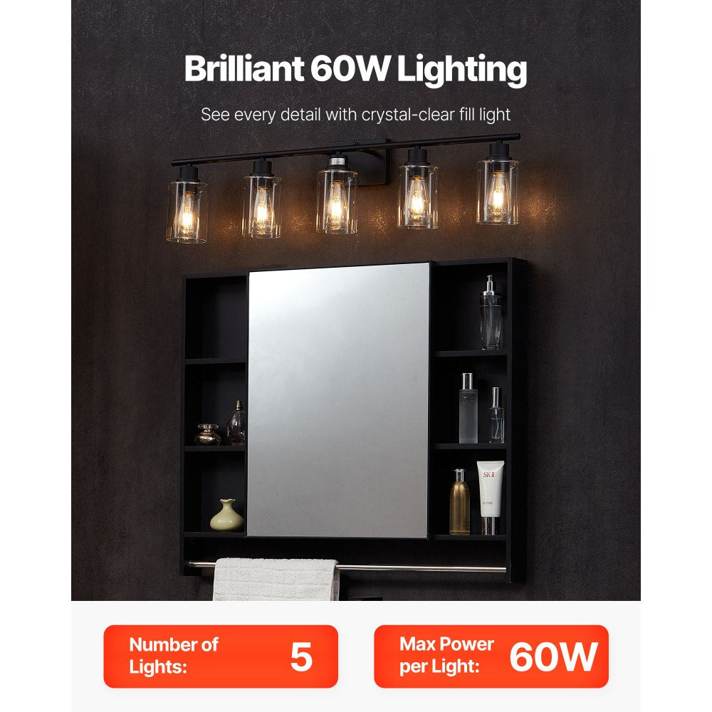 VEVOR 5-Light Bathroom Vanity Lights, 37.1-Inch, Modern Light Fixtures Above Mirror with Clear Glass Shade, 60W, Wall Lighting for Bathroom, Living Room, Bedroom, Hallway, E26 Base (Bulbs Not Included)