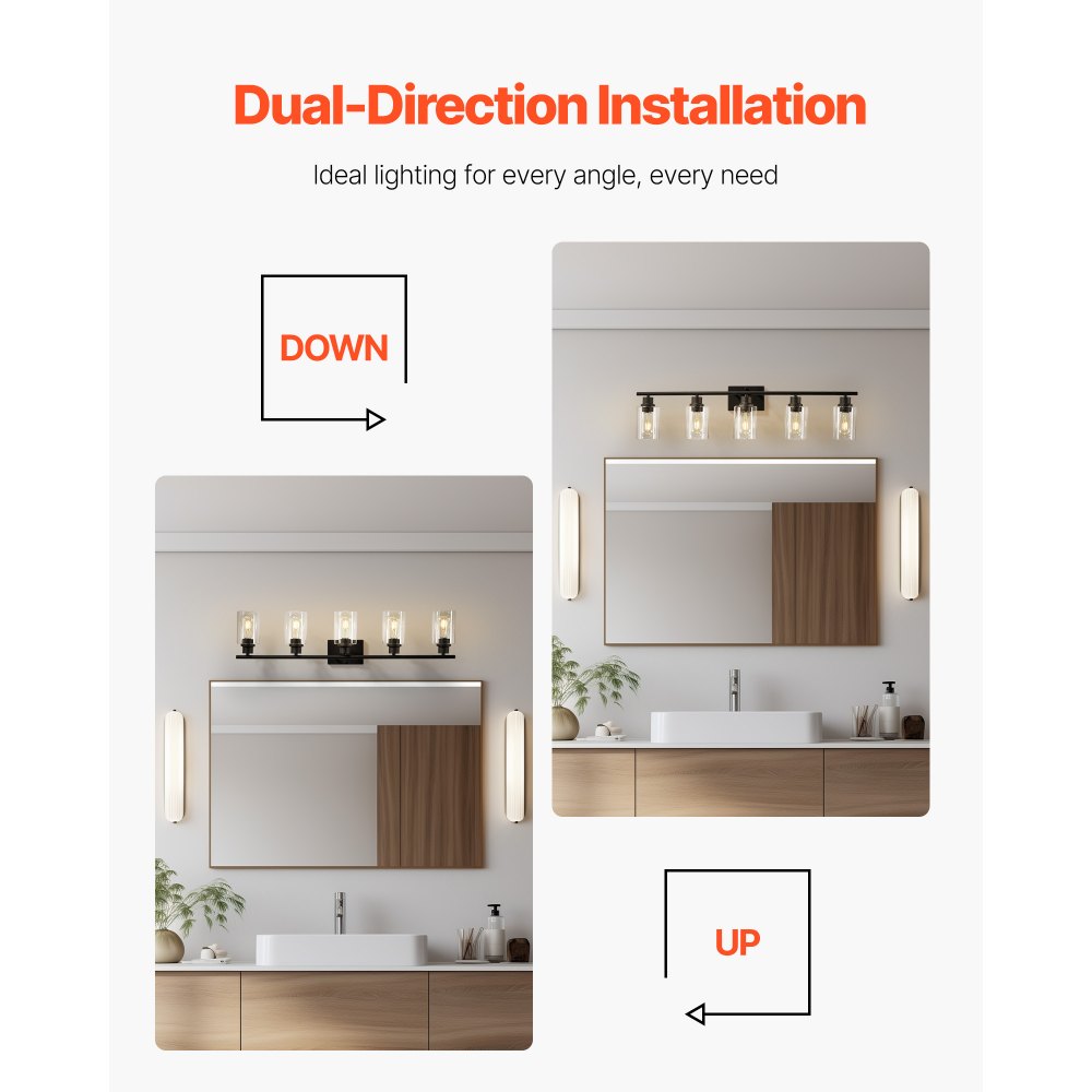 VEVOR 5-Light Bathroom Vanity Lights, 37.1-Inch, Modern Light Fixtures Above Mirror with Clear Glass Shade, 60W, Wall Lighting for Bathroom, Living Room, Bedroom, Hallway, E26 Base (Bulbs Not Included)