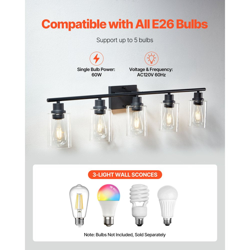 VEVOR 5-Light Bathroom Vanity Lights, 37.1-Inch, Modern Light Fixtures Above Mirror with Clear Glass Shade, 60W, Wall Lighting for Bathroom, Living Room, Bedroom, Hallway, E26 Base (Bulbs Not Included)