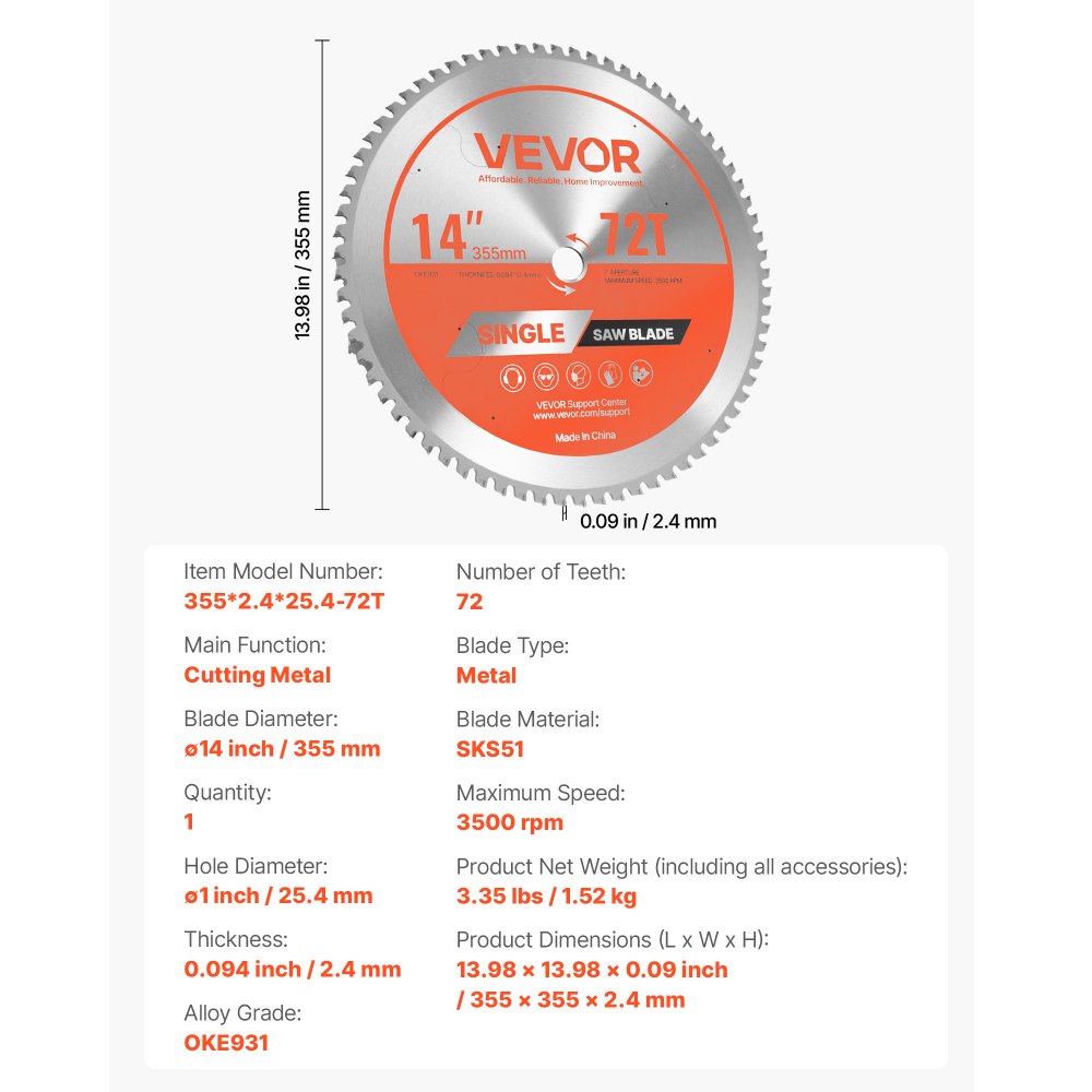 VEVOR Circular Saw Blade, 14 inch Diameter, 72 Sharp Alloy Teeth, 1 inch Arbor, Fine Finish, Metal Cutting Blade for Circular Saw, with Noise-Reducing Heat Vents, for Cutting Steel and Aluminum