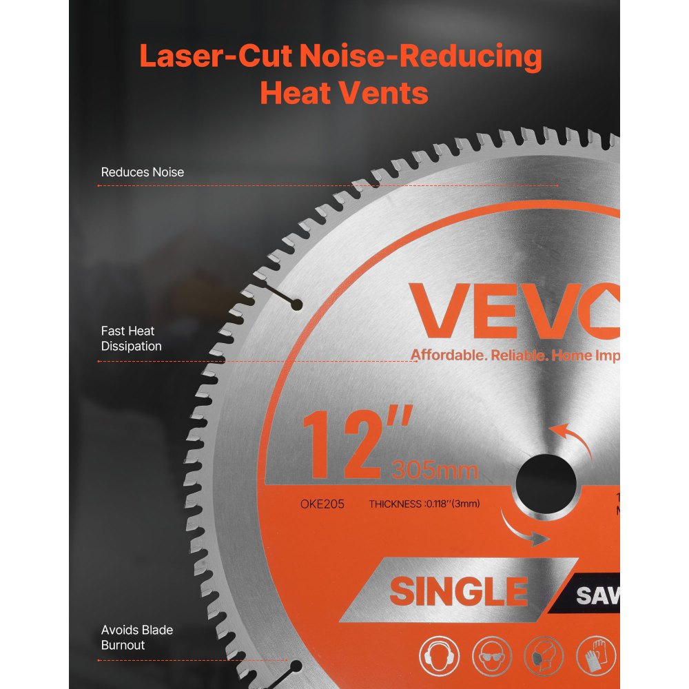 VEVOR Circular Saw Blade, 12 inch Diameter, 100 Sharp Alloy Teeth, 1 inch Arbor, Fine Finish, Aluminum Cutting Blade for Circular Saw, with Noise-Reducing Heat Vents, for Cutting Steel and Metal