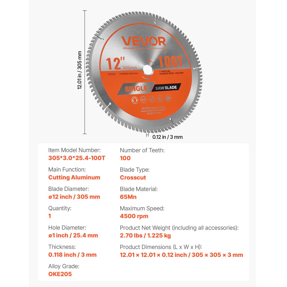 VEVOR Circular Saw Blade, 12 inch Diameter, 100 Sharp Alloy Teeth, 1 inch Arbor, Fine Finish, Aluminum Cutting Blade for Circular Saw, with Noise-Reducing Heat Vents, for Cutting Steel and Metal