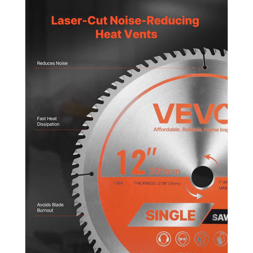 VEVOR Circular Saw Blade, 12 inch Diameter, 80 Sharp Alloy Teeth, 1 inch Arbor, Fine Finish, Wood Cutting Blade for Circular Saw, with Noise-Reducing Heat Vents, for Cutting Plywood, OSB, Hardwood