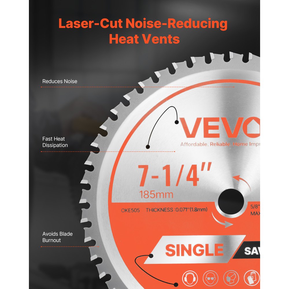 VEVOR Circular Saw Blade, 7-1/4 inch Diameter, 48 Sharp Alloy Teeth, 5/8 inch Arbor, Fine Finish, Metal Cutting Blade for Circular Saw, with Noise-Reducing Heat Vents, for Cutting Steel and Aluminum