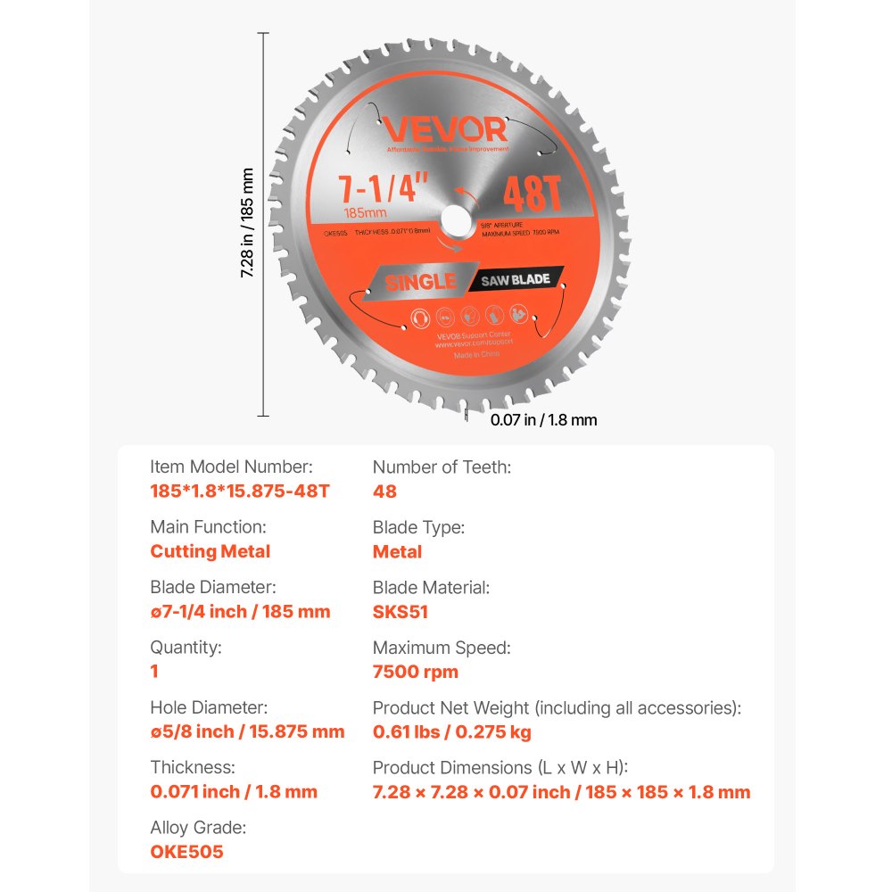 VEVOR Circular Saw Blade, 7-1/4 inch Diameter, 48 Sharp Alloy Teeth, 5/8 inch Arbor, Fine Finish, Metal Cutting Blade for Circular Saw, with Noise-Reducing Heat Vents, for Cutting Steel and Aluminum