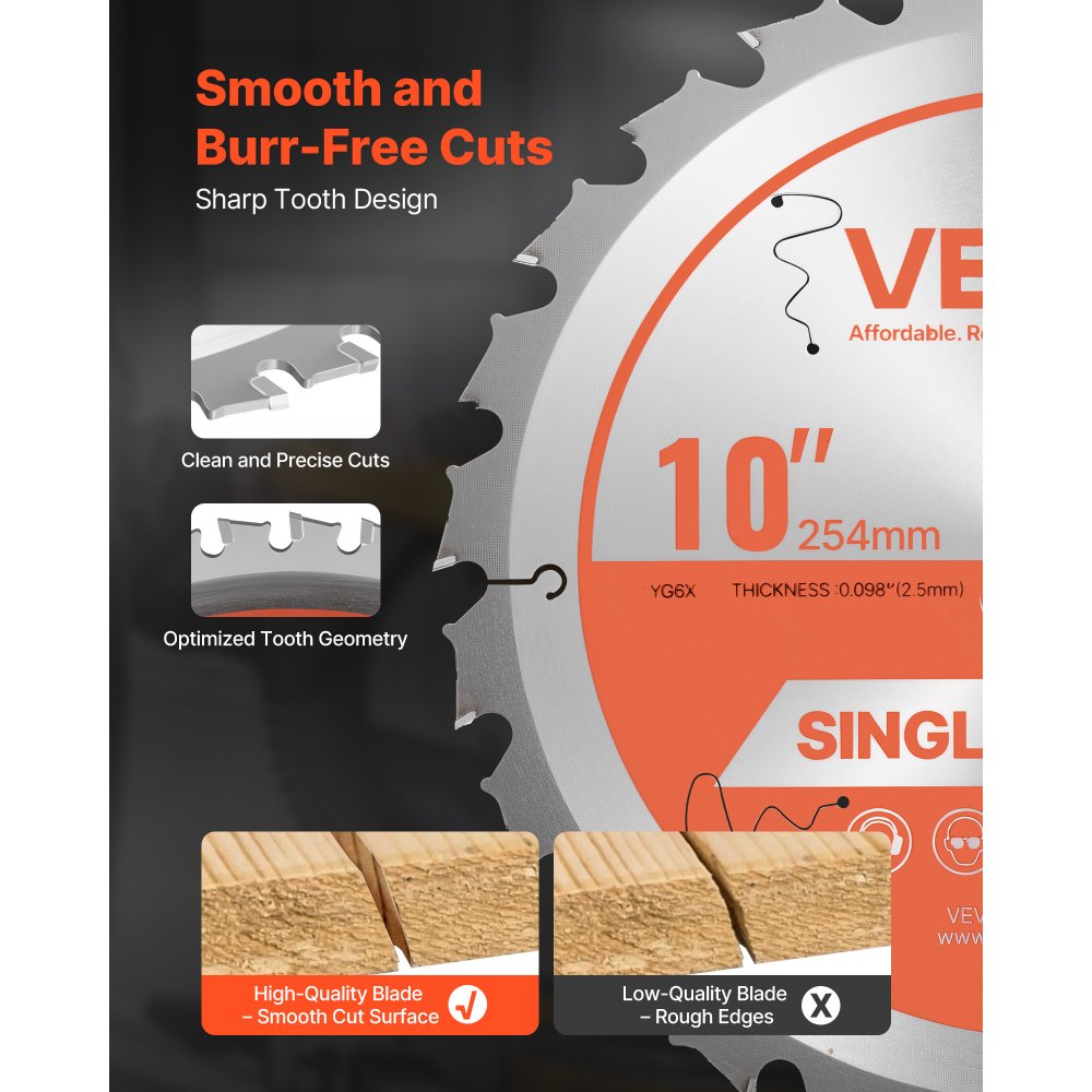 VEVOR Circular Saw Blade, 10 inch Diameter, 24 Sharp Alloy Teeth, 5/8 inch Arbor, Fine Finish, Wood Cutting Blade for Circular Saw, with Noise-Reducing Heat Vents, for Cutting Plywood, OSB, Hardwood