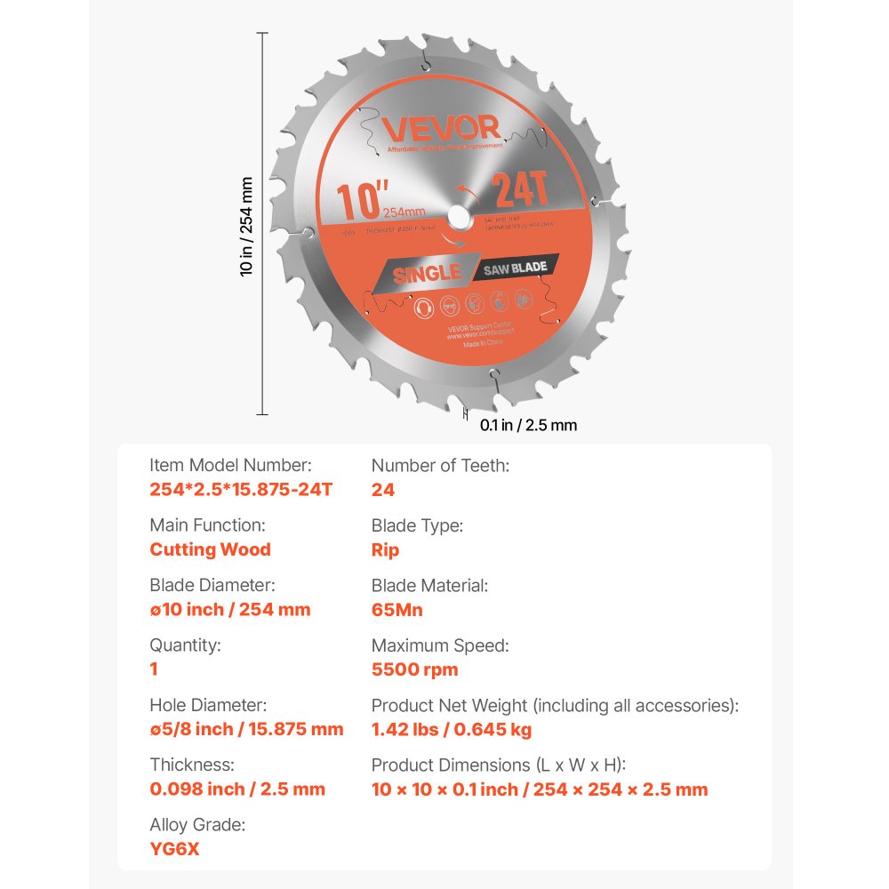 VEVOR Circular Saw Blade, 10 inch Diameter, 24 Sharp Alloy Teeth, 5/8 inch Arbor, Fine Finish, Wood Cutting Blade for Circular Saw, with Noise-Reducing Heat Vents, for Cutting Plywood, OSB, Hardwood