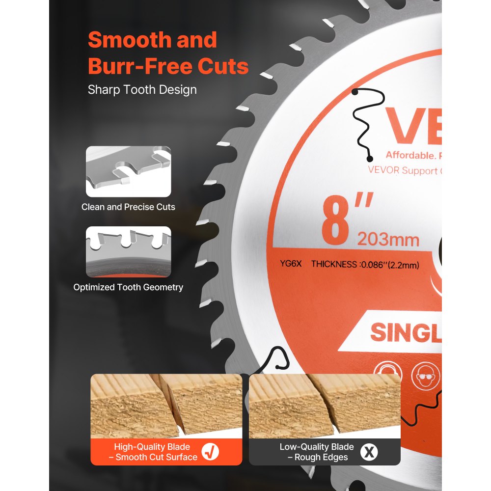 VEVOR Circular Saw Blade, 8 inch Diameter, 42 Sharp Alloy Teeth, 1 inch Arbor, Fine Finish, Wood Cutting Blade for Circular Saw, with Noise-Reducing Heat Vents, for Cutting Plywood, OSB, and Hardwood