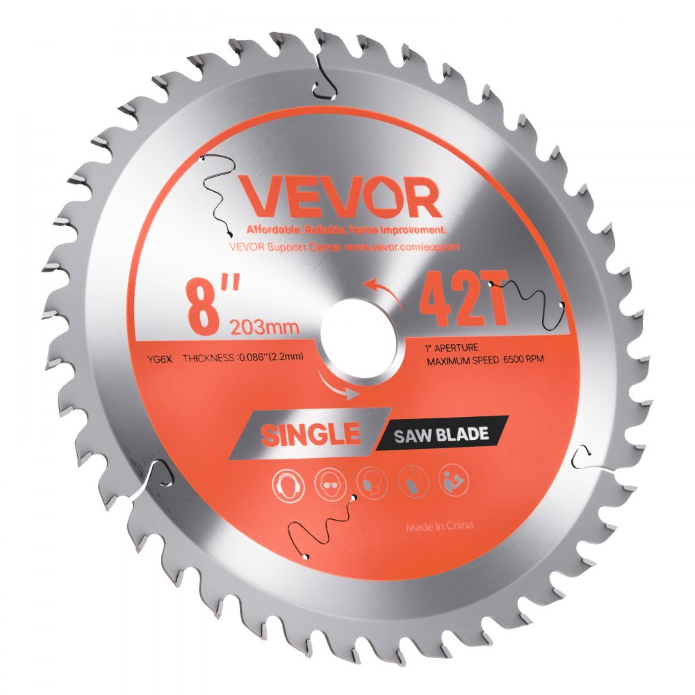 VEVOR Circular Saw Blade, 8 inch Diameter, 42 Sharp Alloy Teeth, 1 inch Arbor, Fine Finish, Wood Cutting Blade for Circular Saw, with Noise-Reducing Heat Vents, for Cutting Plywood, OSB, and Hardwood