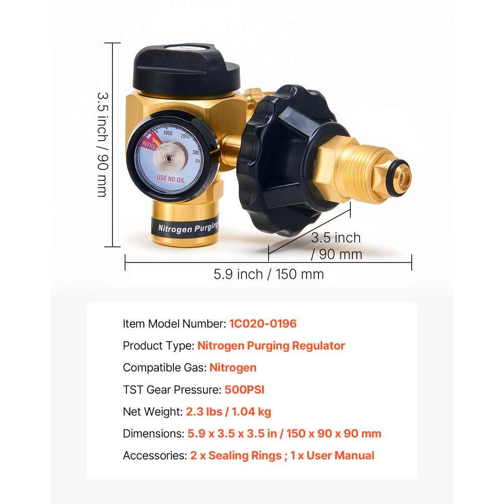 VEVOR Nitrogen Purging Regulator, Nitrogen Purge Control Valve with 500PSI Test Pressure, 4-Position Flow Control (TST/PRG/BRZ/OFF) for Brazing, Pipeline Purging, Leak Checking & Pressure Testing
