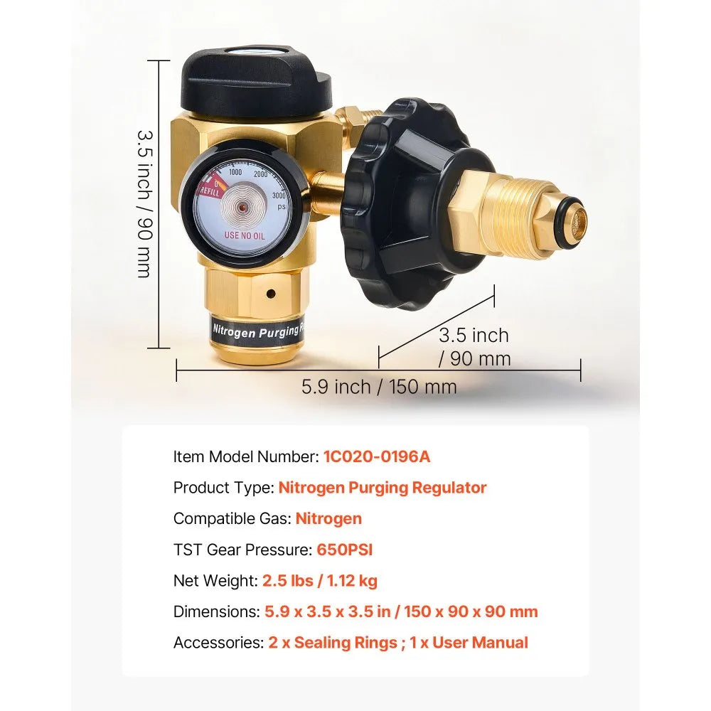 VEVOR Nitrogen Purging Regulator, Nitrogen Purge Control Valve with 650PSI Test Pressure, 4-Position Flow Control (TST/PRG/BRZ/OFF) for Brazing, Pipeline Purging, Leak Checking & Pressure Testing