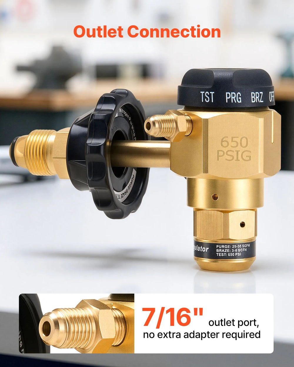 VEVOR Nitrogen Purging Regulator, Nitrogen Purge Control Valve with 650PSI Test Pressure, 4-Position Flow Control (TST/PRG/BRZ/OFF) for Brazing, Pipeline Purging, Leak Checking & Pressure Testing