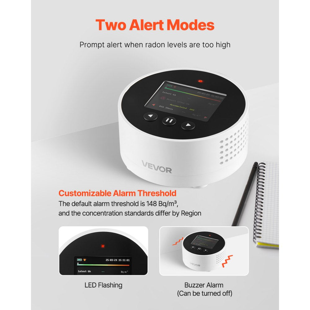 VEVOR Radon Air Quality Meter Detector for Home 3.3Bq/m³ to 37kBq/m³ Battery Powered