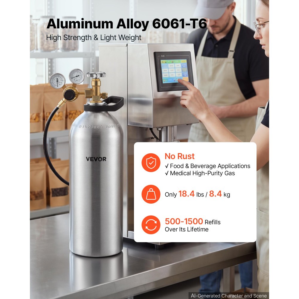 VEVOR 40 Cu. Ft DOT Nitrogen Cylinder Aluminum Alloy Air Tank (Ships Empty), High-Strength Aluminum Alloy 6061-T6 Cylinder with CGA-580 Valve & Handle, for Manufacturing, Welding, Beverage Production