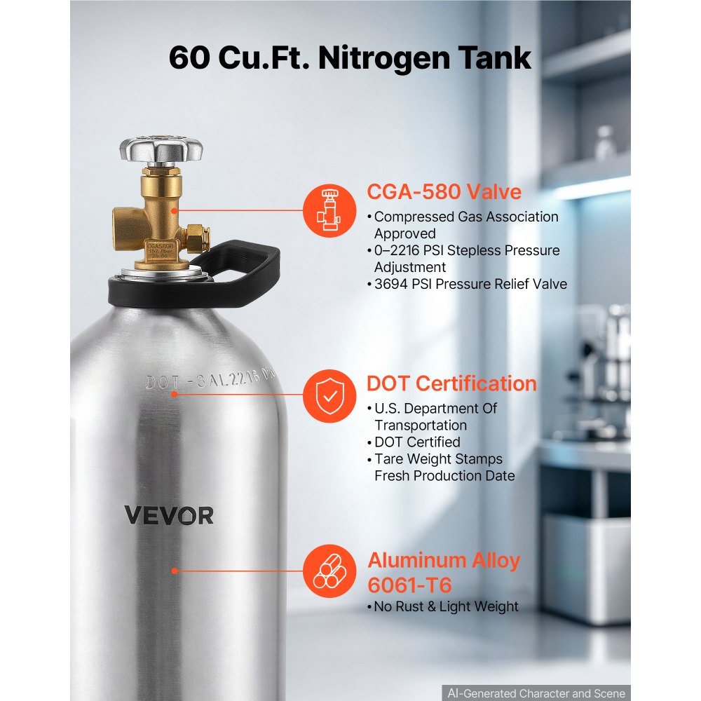 VEVOR 60 Cu. Ft DOT Nitrogen Cylinder Aluminum Alloy Air Tank (Ships Empty), High-Strength Aluminum Alloy 6061-T6 Cylinder with CGA-580 Valve & Handle, for Manufacturing, Welding, Beverage Production