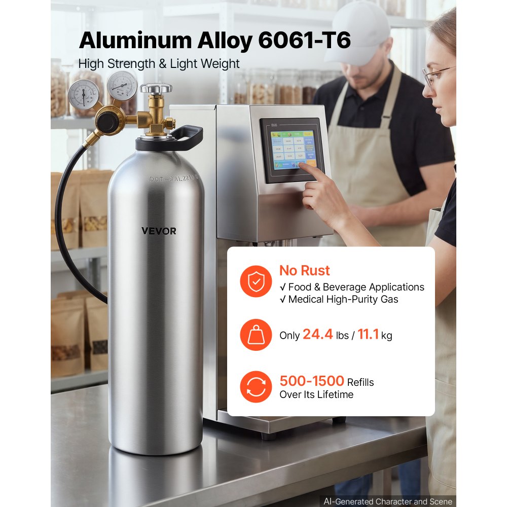 VEVOR 60 Cu. Ft DOT Nitrogen Cylinder Aluminum Alloy Air Tank (Ships Empty), High-Strength Aluminum Alloy 6061-T6 Cylinder with CGA-580 Valve & Handle, for Manufacturing, Welding, Beverage Production