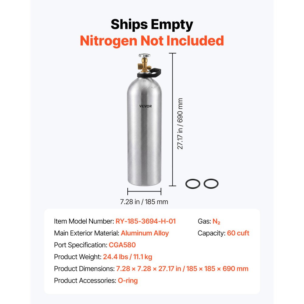 VEVOR 60 Cu. Ft DOT Nitrogen Cylinder Aluminum Alloy Air Tank (Ships Empty), High-Strength Aluminum Alloy 6061-T6 Cylinder with CGA-580 Valve & Handle, for Manufacturing, Welding, Beverage Production