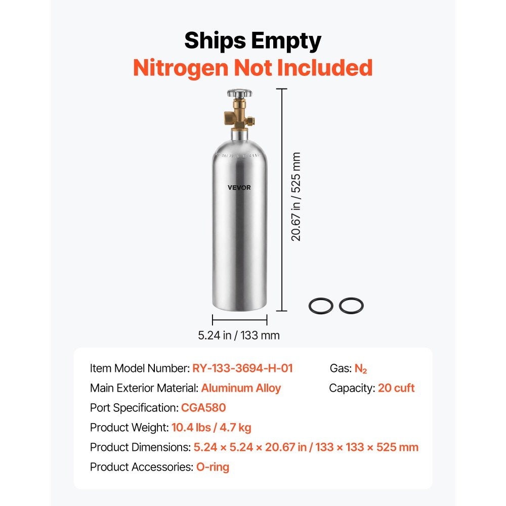 VEVOR 20 Cu. Ft DOT Nitrogen Cylinder Aluminum Alloy Air Tank (Ships Empty), High-Strength Aluminum Alloy 6061-T6 Cylinder with CGA-580 Valve & Handle, for Manufacturing, Welding, Beverage Production
