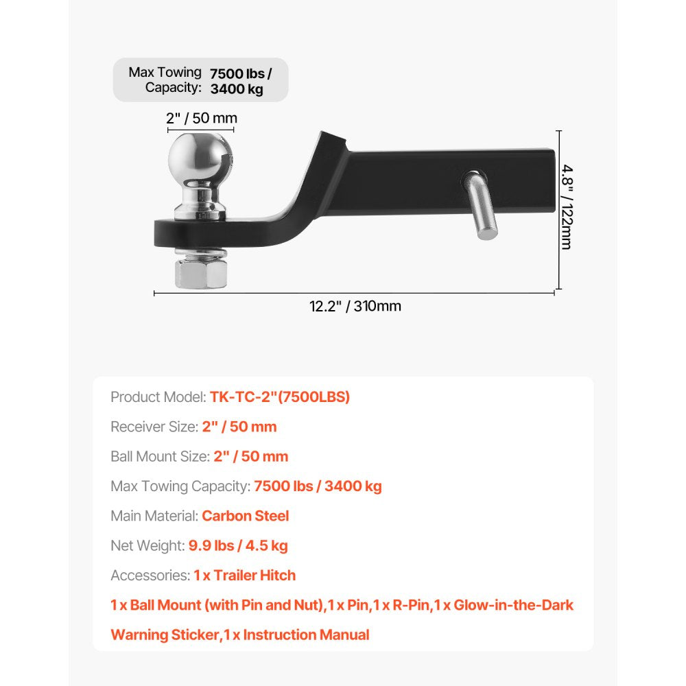 VEVOR Trailer Hitch, Fits 2 Inches Receiver, Trailer Hitch Ball Mount with 2 Inches Ball and Pin, 7500 lbs Capacity Ball Hitch, 2 Inches Drop, Tow Hitch for Heavy Duty Truck with Carbon Steel, Black