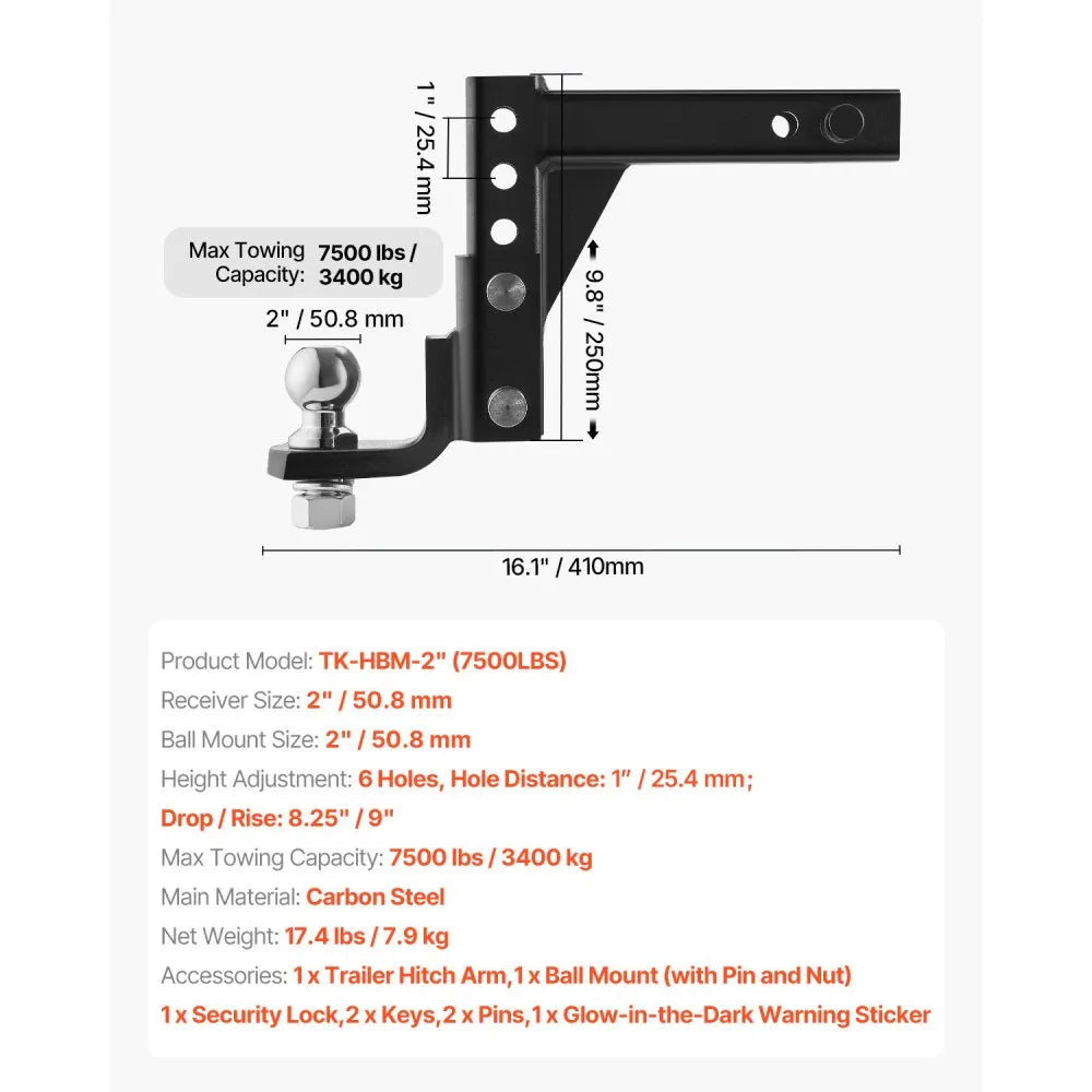 VEVOR Adjustable Trailer Hitch, Fit 2-Inch Receiver, Trailer Hitch Ball Mount with 2-Inch Ball & Pin, 7500 lbs Capacity Ball Hitch, 9-Inch Drop, Tow Hitch for Heavy Duty Truck with Carbon Steel, Black