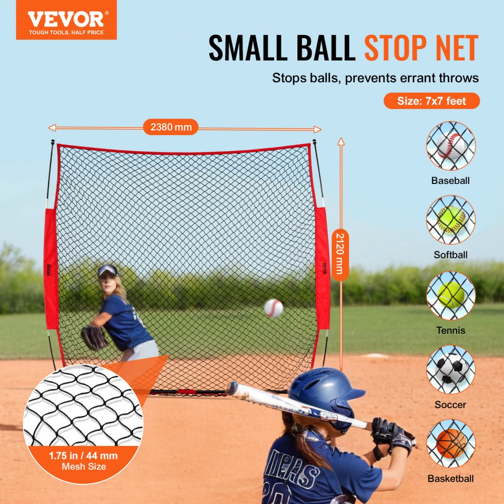 VEVOR Barricade Backstop Net, 7x7 ft Ball Sports Barrier Netting, Portable Practice Equipment with Carry Bag, Protection Screen for Baseball Softball Lacrosse Soccer Hockey Training, for Backyard