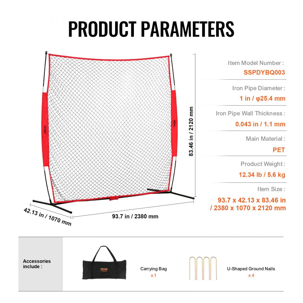 VEVOR Barricade Backstop Net, 7x7 ft Ball Sports Barrier Netting, Portable Practice Equipment with Carry Bag, Protection Screen for Baseball Softball Lacrosse Soccer Hockey Training, for Backyard