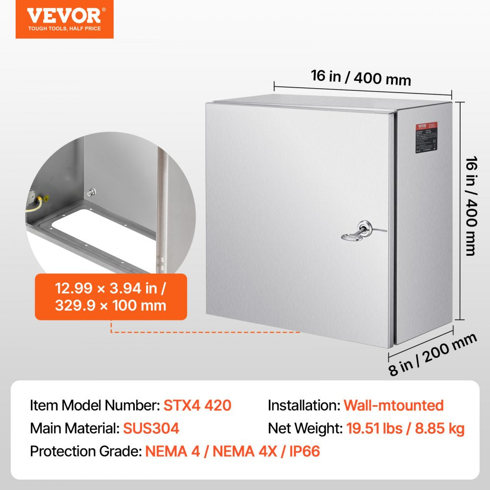 VEVOR NEMA Stainless Steel Enclosure, 16 x 16 x 8\'\' NEMA 4X Steel Electrical Box, IP66 Waterproof & Dustproof, Outdoor/Indoor Electrical Junction Box, with Mounting Plate
